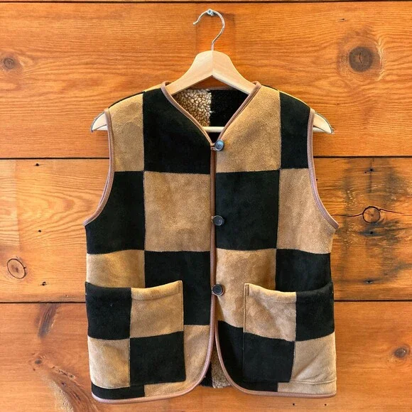 Cawley Black & Tan Checkered Shearling Reversible Ella Vest - Size XXS - 0312IG - Picture 1 of 5